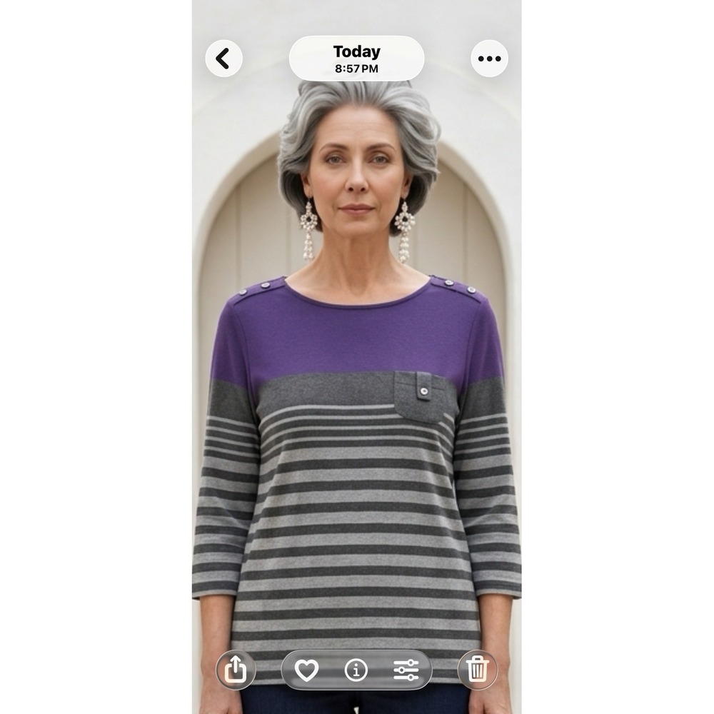 Karen Scott Sport Woman Purple Grey Striped Button Shoulder Top 0X